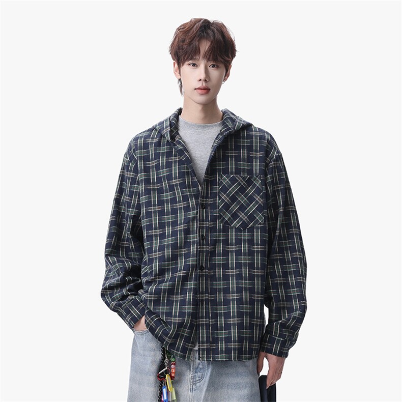 衬衫男春季新款港风宽松连帽大码格子长袖衬衣CS1982-P42,男装衬衫,星座214-3