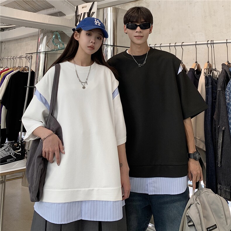 情侣装假两件条纹衬衫拼接潮情侣短袖T恤上衣男G1052P45女,男装T恤,电商A339