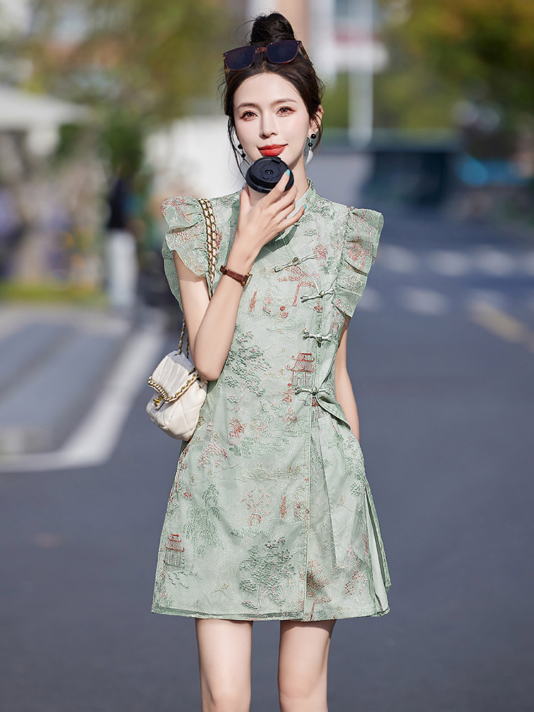 新中式国风套装女2025新款夏季小个子旗袍连衣短裤裙欧根纱两件套,女装套装/套裙,布芭啦