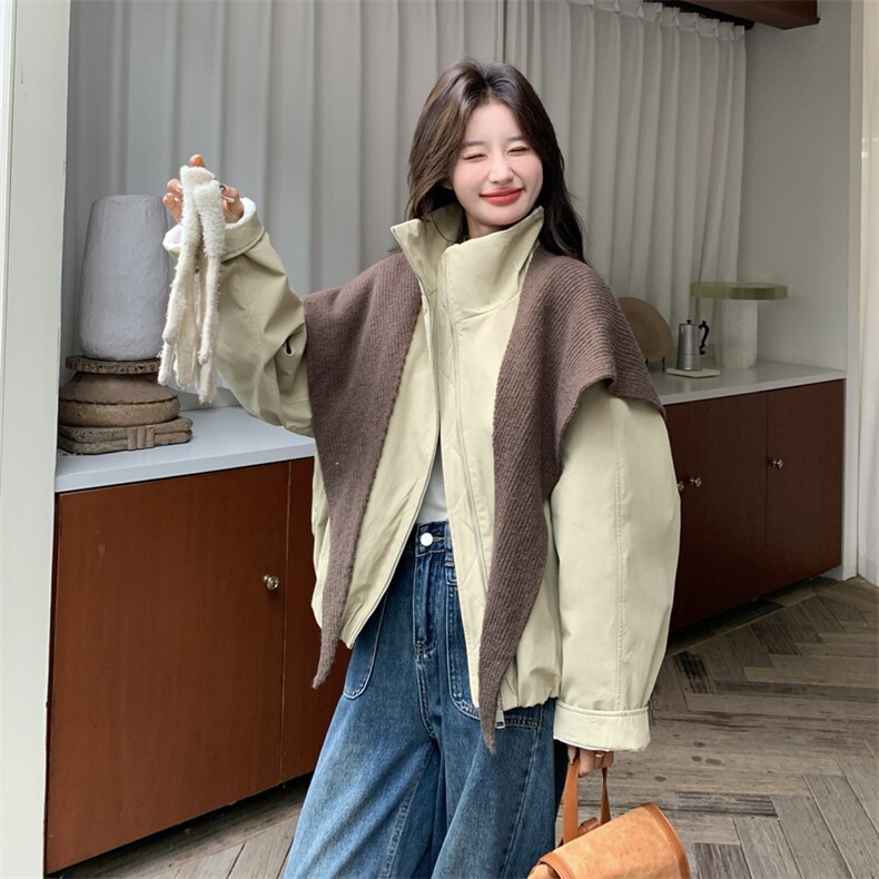 现货：冬装新款针织披肩立领夹棉棒球棉服外套2C135-8932P205K308，女装棉衣/棉服，2C135