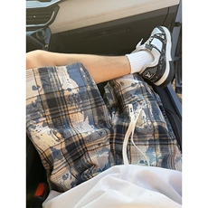 扎染格子短裤男夏季美式复古高街vibe高级感潮流宽松休闲五分裤子，男装休闲裤，电商A007