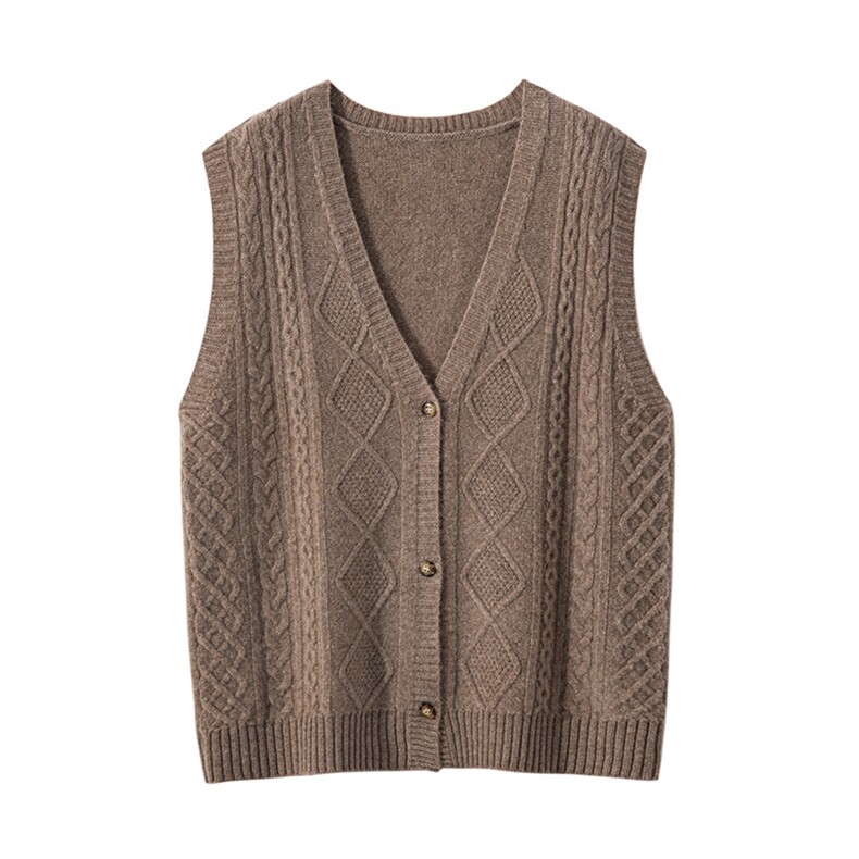 时尚女装V领扭花针织马甲优雅百搭无袖毛衣外套，女装马甲，宏杨羊绒