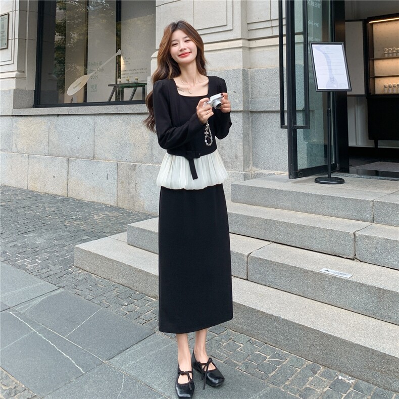 黑色法式温柔风拼接假两件连衣裙女2025秋季新款优雅气质感小黑裙,女装连衣裙,维壹