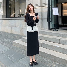 黑色法式温柔风拼接假两件连衣裙女2025秋季新款优雅气质感小黑裙，女装连衣裙，维壹