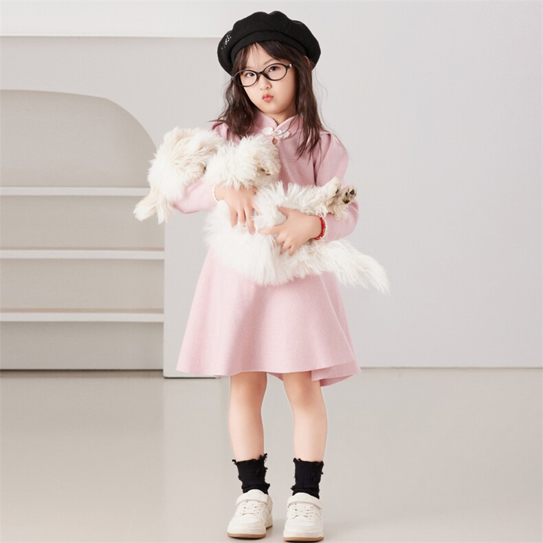 新款女童旗袍风连衣裙秋季长袖纯色立领时尚公主裙甜美可爱儿童装，童装连衣裙，伊美侕