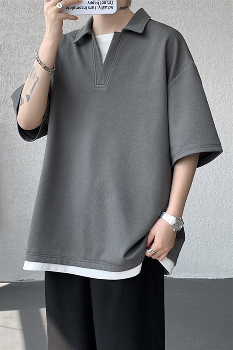 8XL-M假两件V领短袖t恤男夏翻领半袖宽松重磅华夫格大码DT001P40,男装T恤,电商B312