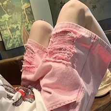 夏季粉红色破洞牛仔裤男时尚薄款松紧裤沙滩旅游多巴胺五分裤，男装牛仔裤，星座506A