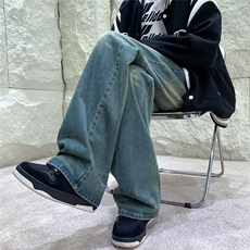 复古牛仔裤秋季潮牌高街宽松直筒长裤子男款垂感阔腿裤Y9081-P50，男装牛仔裤，星座1109-3