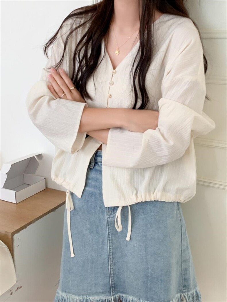 韩系下摆抽绳衬衫亲肤面料，女装衬衫，DAP