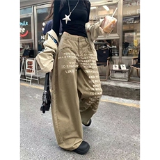 美式复古卡其色字母弯刀牛仔裤春秋款高街宽松显瘦阔腿拖地裤子潮，男装牛仔裤，星座1210-1