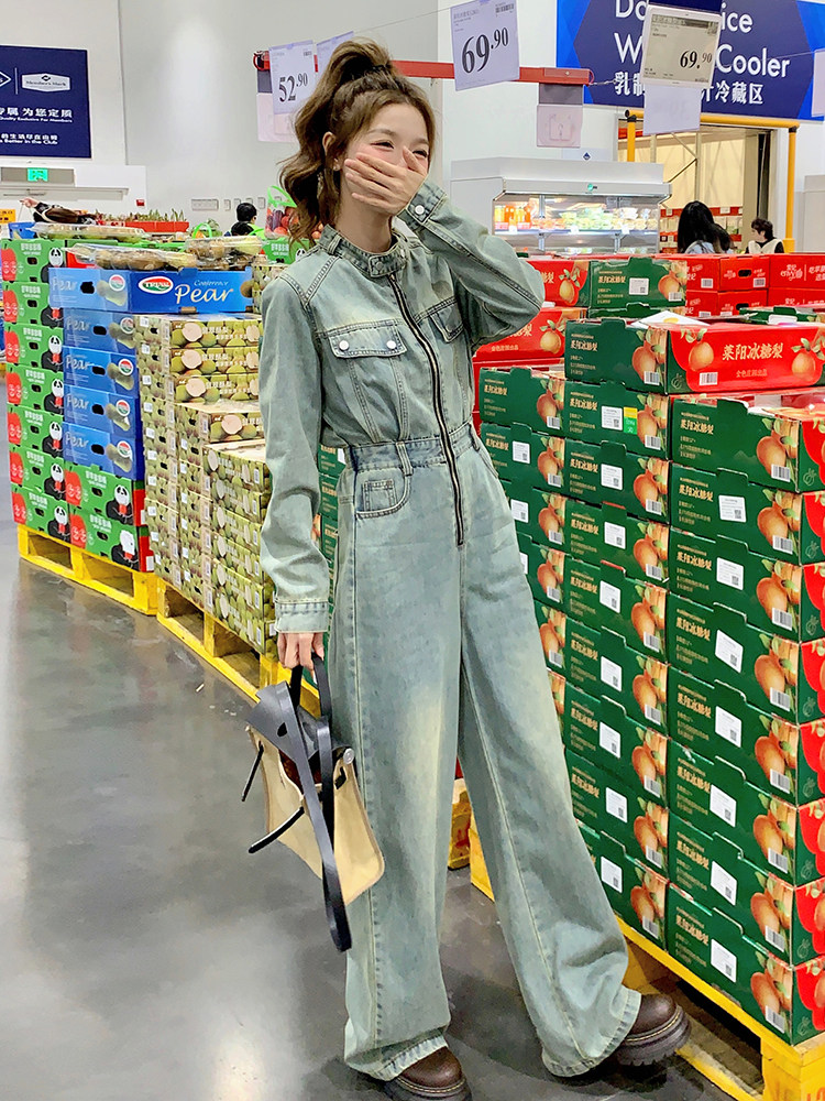 （新款现货）2026春装时尚休闲复古色立领拉链工装阔腿牛仔连体裤,女装连体裤,印象茜