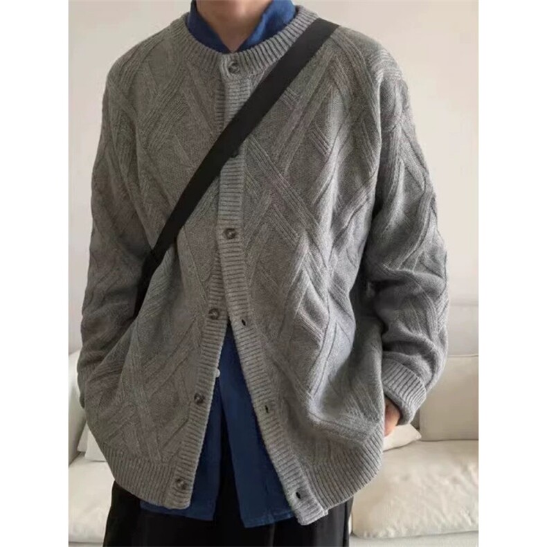 菱形灰色圆领针织开衫慵懒风宽松休闲叠穿百搭毛衣外套ZZS103P65,男装针织衫/毛衣,电商D256A(原A064A)