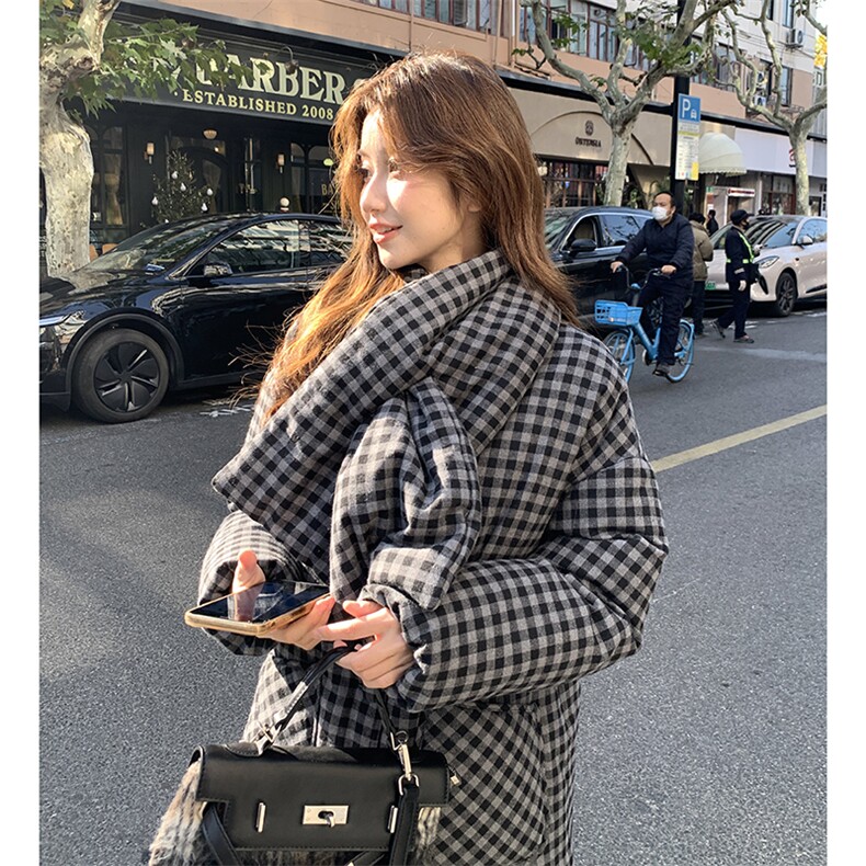 黑白格纹可脱卸围脖短款羽绒服2C291-YRF186-P295-K499,女装羽绒服,2C291