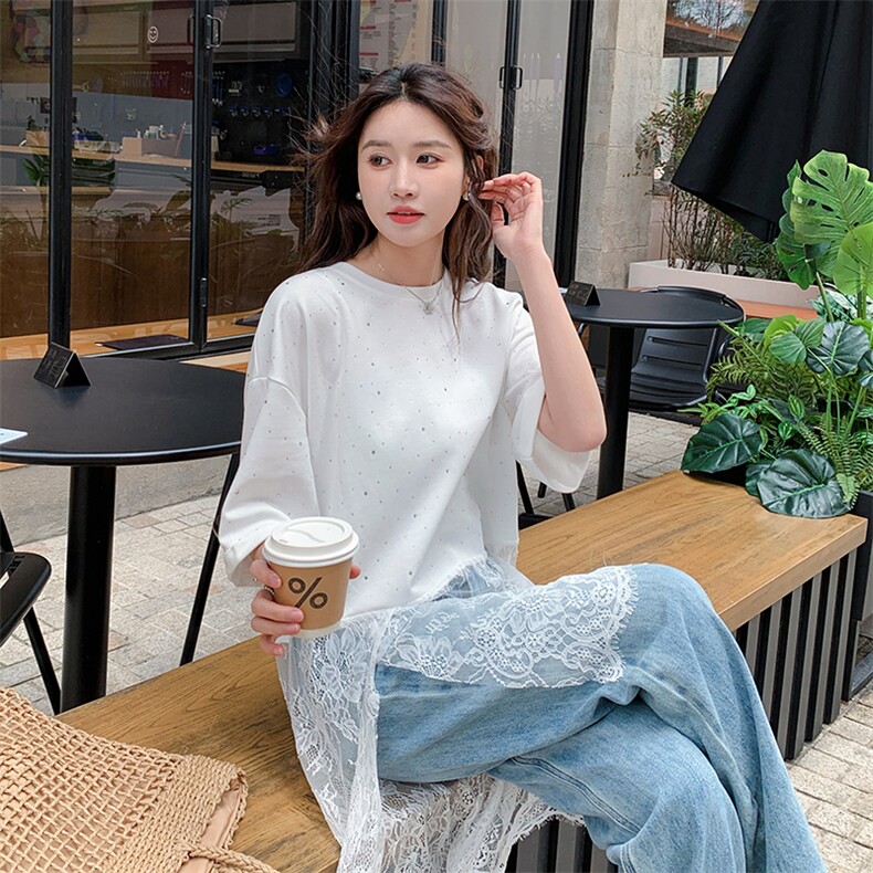 重工烫钻蕾丝拼接白色t恤连衣裙女2025新款慵懒松弛感屁帘叠穿,女装蕾丝衫/雪纺衫,2C087