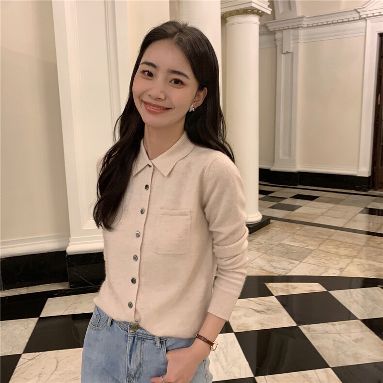 2025秋冬百搭时尚简约秋冬polo领纽扣开衫针织衫,女装羊绒衫,玛卡隆羊绒
