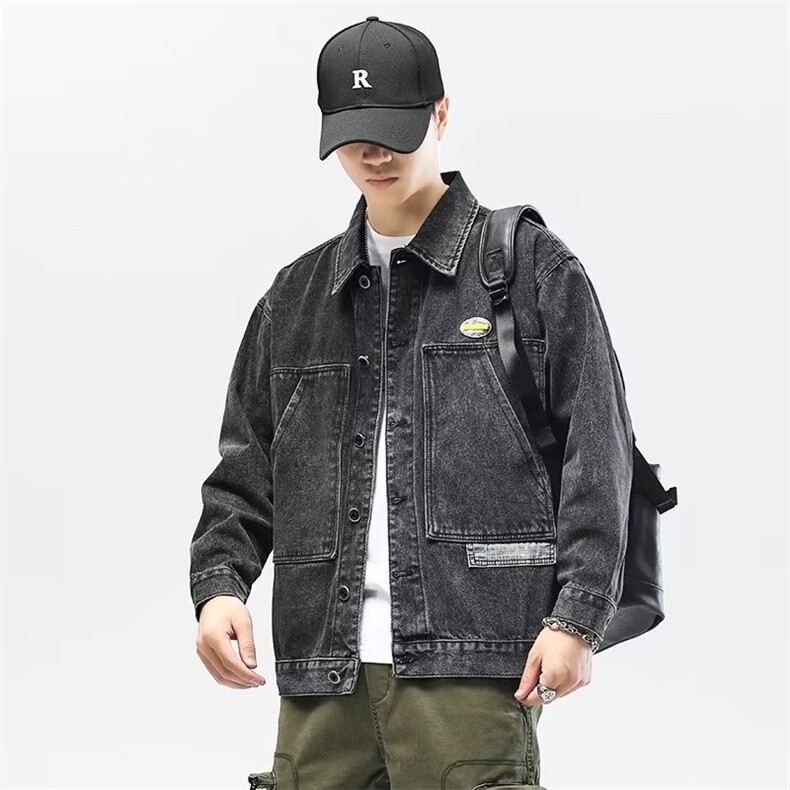牛仔夹克工装口袋中性字母贴标渐变色外套大码M-4XL J20 P55图片