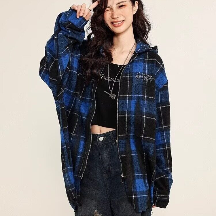 C300-P53美式复古衬衫外套女春秋2025新款宽松显瘦磨毛连帽长袖,男装衬衫,电商B323A