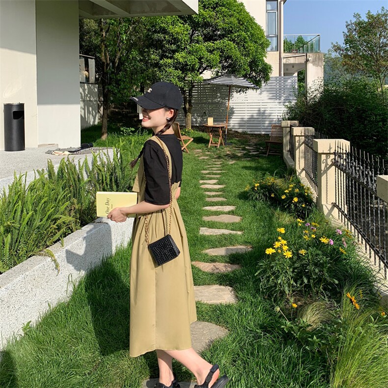 夏季新款拼接假头连衣裙女今年流行的小众设计感高腰中长裙,女装连衣裙,多米2-075