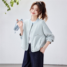 2026年春季宽松毛线拼接圆领菱形格棒球服短外套上衣，女装短外套，简韵佳