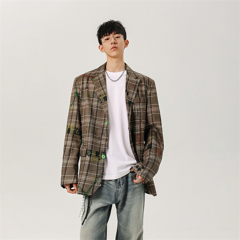 现货秋季新款满印涂鸦印花西装外套男宽松休闲西服-A2191P80控138，男装西服，电商B241