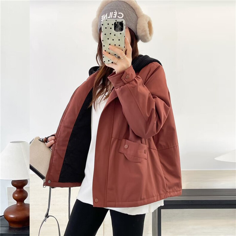 冬季加绒派克服棉衣女2025新款小个子针织连帽休闲工装棉衣外套,女装棉衣/棉服,江忆布依