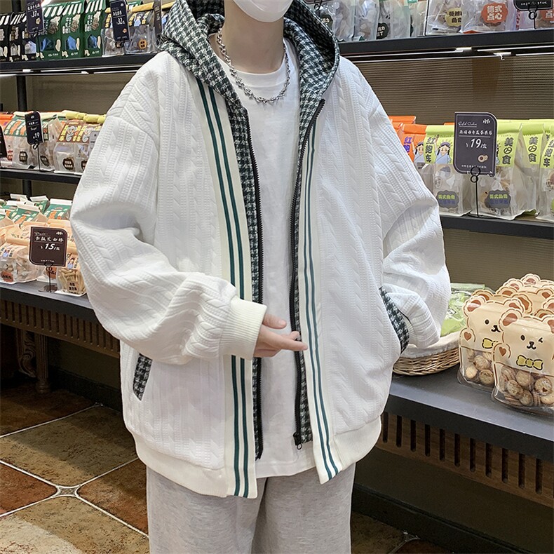 假两件外套男秋冬季潮流格子拼接夹克华夫格休闲衣服JK07356-P58,男装夹克,星座308B-1