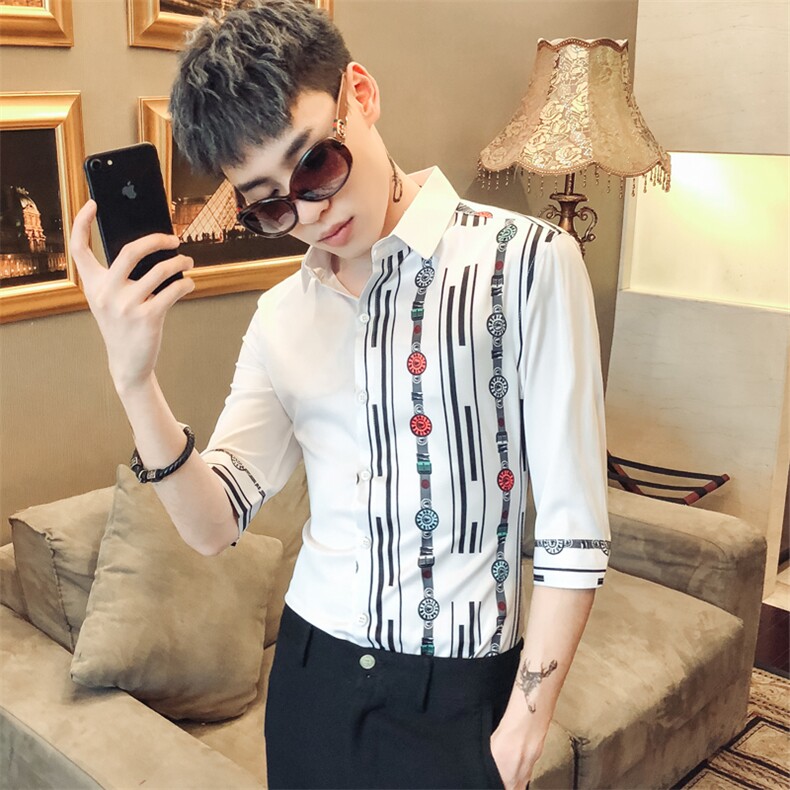 2021新款男社会风印花衬衫服修身休闲中袖夜店衬衣工作服D445,男装衬衫,星座419（原A233）