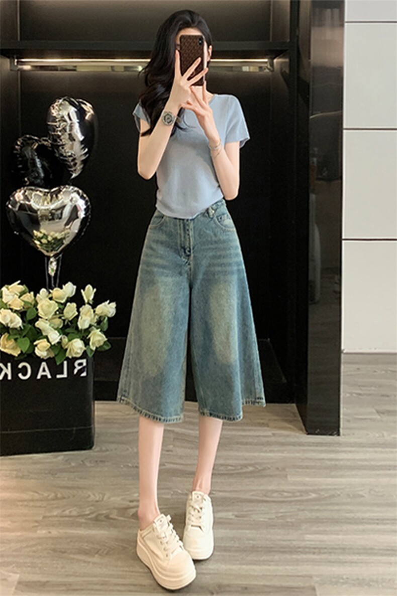 欧货休闲时尚套装女夏新款圆领后背系带镂空短袖牛仔中裤两件套潮,女装套装/套裙,江南