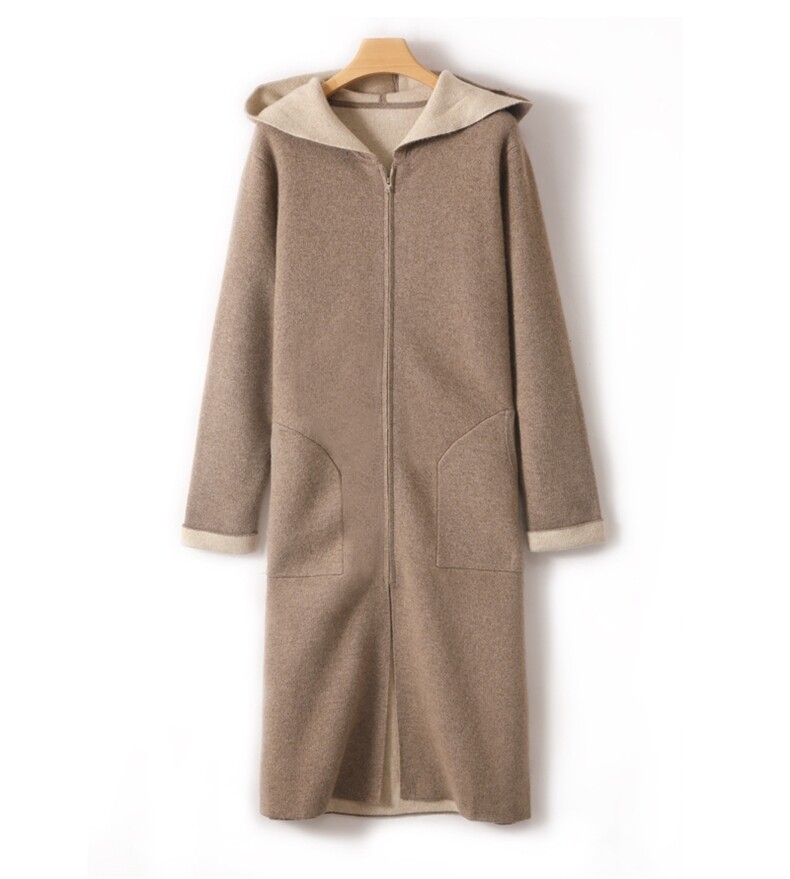 秋冬季新款舒适时尚百搭女士长款四平空气层帽衫,女装羊绒衫,恩航羊绒