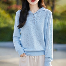 2025新款蕾丝钩花连帽针织衫女洋气减龄长袖气质显瘦减龄打底帽衫，女装针织衫/毛衣，暖烁羊绒