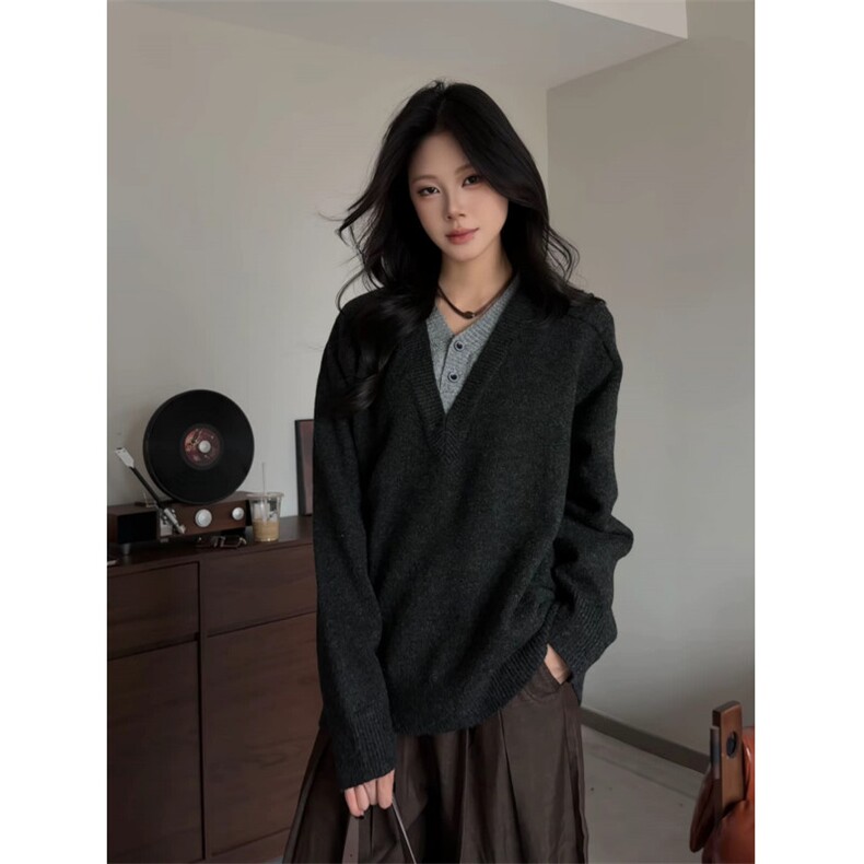 M273-P63美式复古设计感长袖毛衣男2025V领假两件，男装针织衫/毛衣，电商B323A