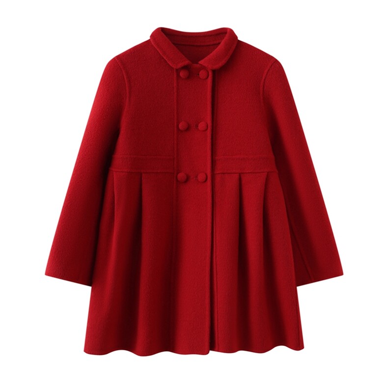 时尚女童秋冬款娃娃领羊毛大衣保暖舒适经典黑色设计，童装外套，鑫贝羊绒