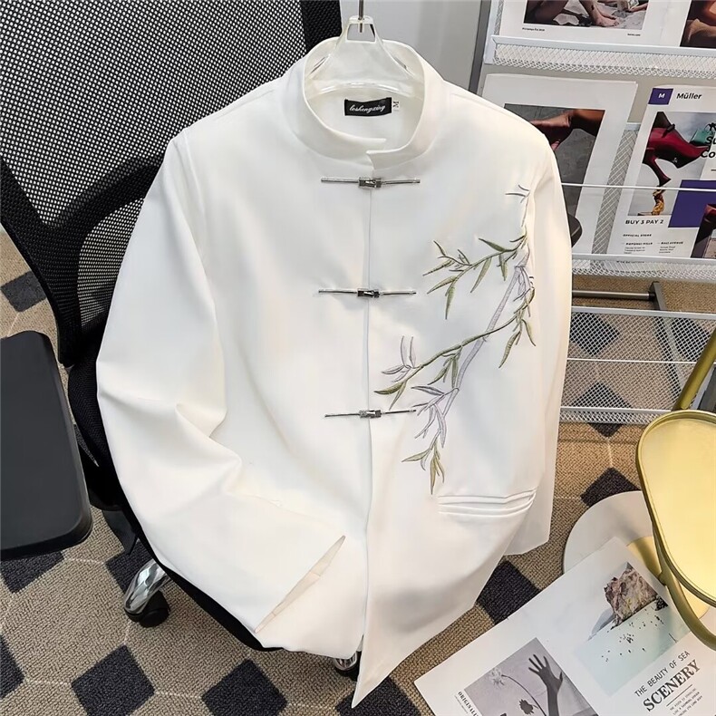新中式复古立领翠竹风西服外套男小众金属飞机扣装饰宽松上衣,男装西服,星座601-2