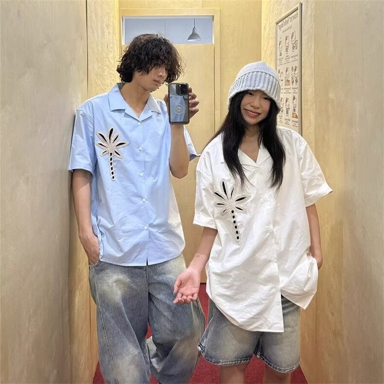 WE1578-P452025夏季新款宽松休闲百搭小众设计感古巴领刺绣衬衫，男装衬衫，电商B323A