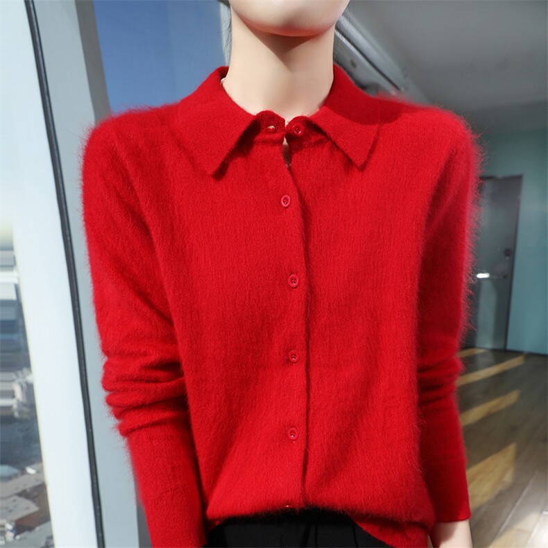 秋冬季新款舒适时尚百搭POLO领貂绒开衫，女装针织衫/毛衣，冬贝尔貂绒