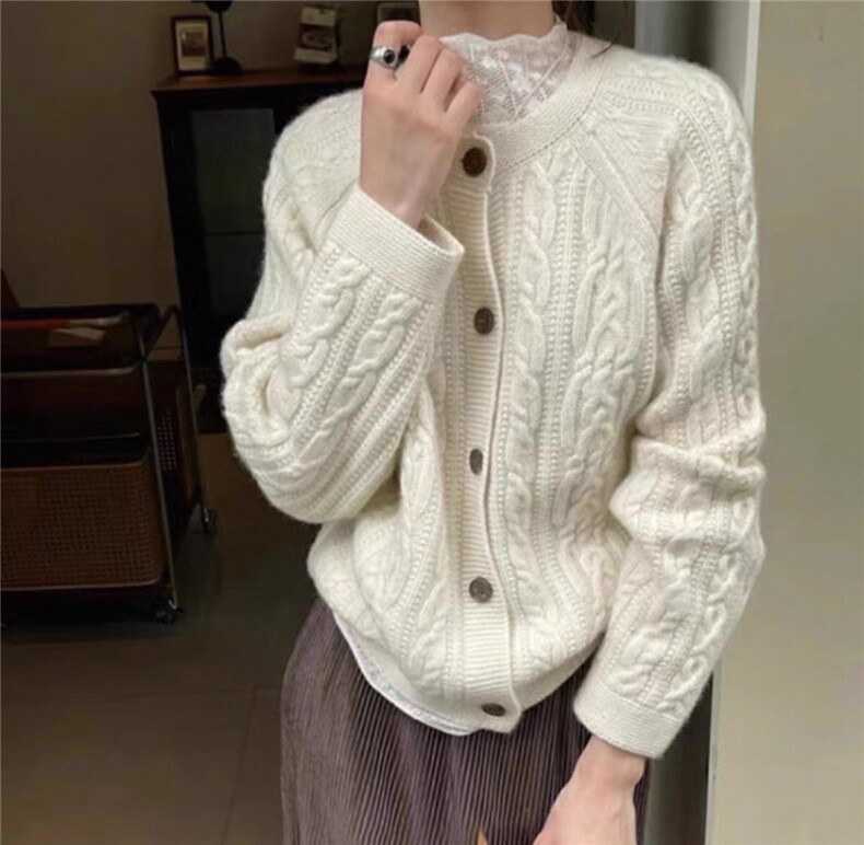 复古提花100%纯羊毛开衫女士圆领加厚毛衣宽松慵懒羊绒衫针织外套,针织衫/毛衣,艾驰羊绒