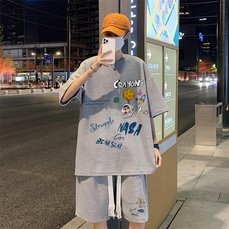 套装！夏季华夫格套装男T恤短裤男两件套大码港风TZ20-P50，男装休闲套装，电商B367