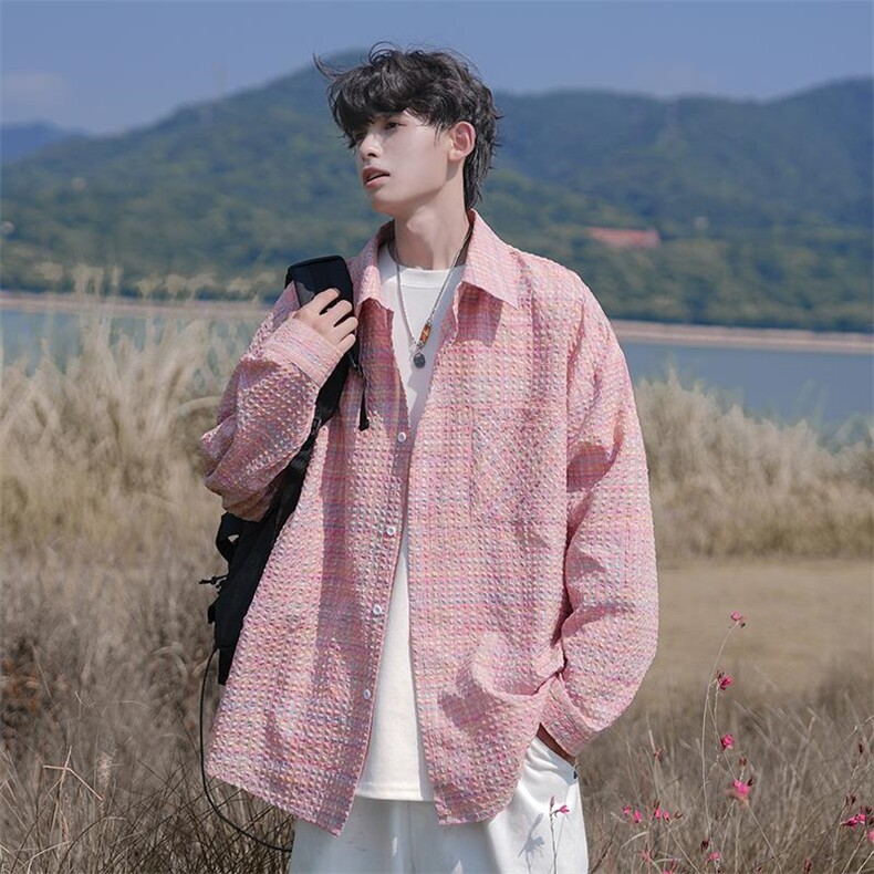 新款港风泡泡纱纹理感格子翻领大码衬衫外套男C5469-特P38控75，男装衬衫，电商A001-1