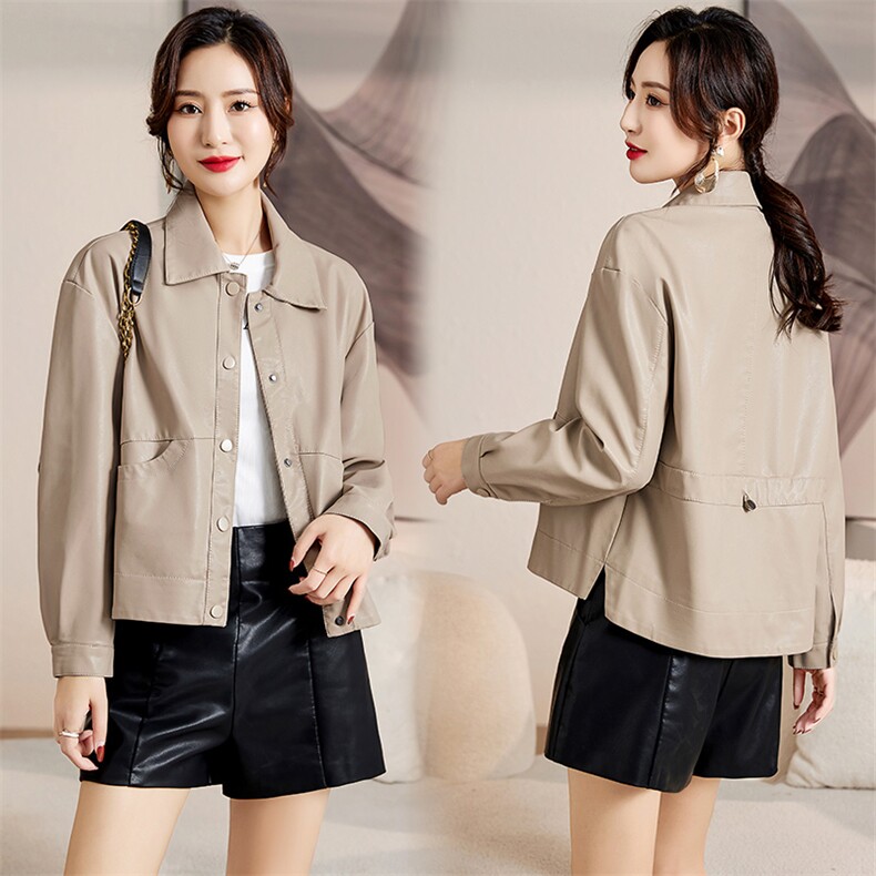 标准短款工装风巴恩风拼接皮衣皮衣时尚韩系地雷系春秋显瘦气质，女装皮衣，江南女神