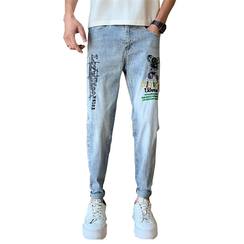 春夏新款牛仔裤卡通刺绣男装修身小脚牛仔裤社会小伙508k236p58,男装牛仔裤,星座901