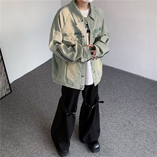 黄泥牛仔外套男秋季拉链美式工装夹克潮牌休闲牛仔上衣W6654-P59，男装工装外套，星座412-3