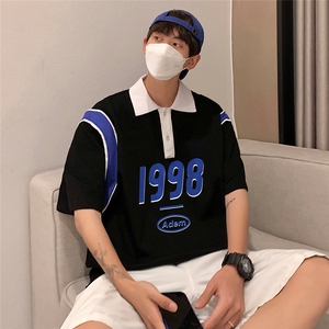 港风  纯棉夏季休闲polo衫拼色印花短袖T恤男女 PL6151 P45控58图片