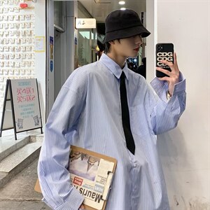 条纹长袖衬衫男秋季日系帅气ins韩版潮流宽松衬衣外套C2008-p30图片
