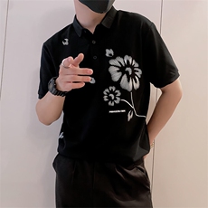 8973/P58控78夏季小伙轻熟风时尚翻领印花短袖男黑首1，男装T恤，星座305B