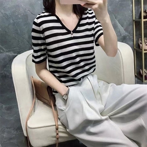 条纹纯棉针织短袖t恤女2025夏季新款v领宽松时尚棉麻上衣冰丝半袖图片