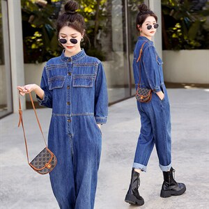 时尚显瘦牛仔连体裤女宽松高腰长袖休闲工装裤百搭气质外套春装新款，女装连体裤，秋水欣儿