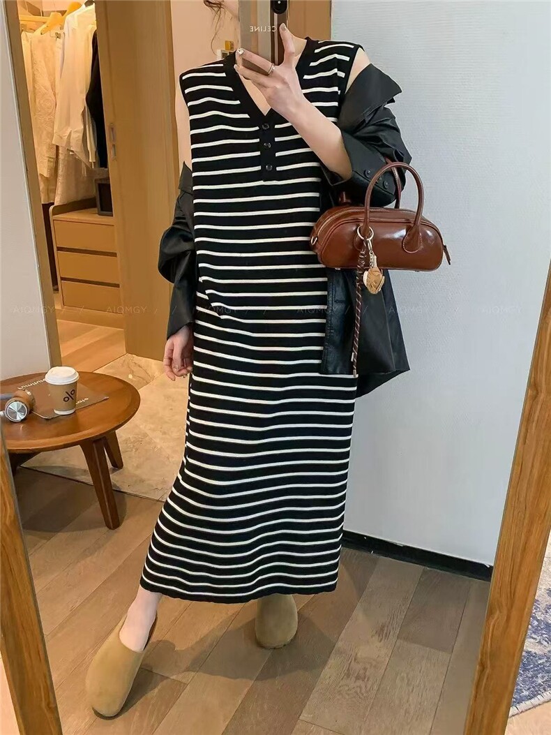 夏季新款V领潮牌港味复古修身显瘦女士条纹连衣裙,女装连衣裙,琳华羊绒