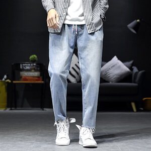 2021春秋季新日系沙发墙大码松紧腰九分纯色牛仔裤男K297-P50图片