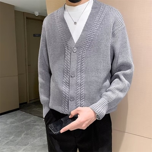 长袖美式慵懒风开衫毛衣外套青年常规直筒型扭花纯色V领 3480图片