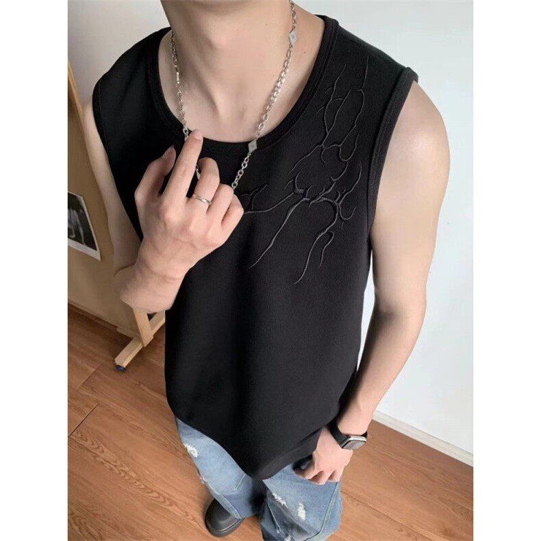 荆棘刺绣闪电纹背心男款夏季美式高街痞帅高级感休闲小众无袖T恤，男装背心/马甲，星座1116A（原606A-3）